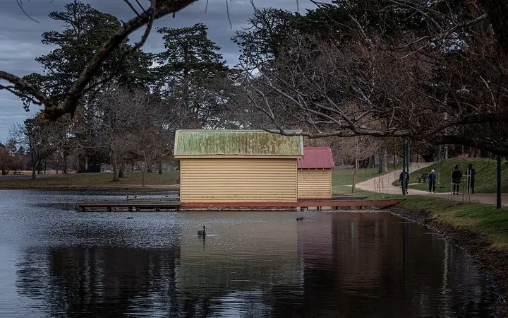 Boat sheds on Lake Wendouree's north bank, near the market
