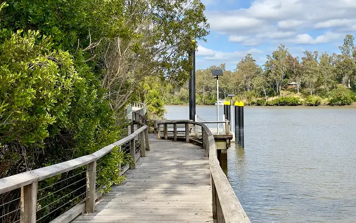 The riverside boardwalk at Sherwood Arboretum