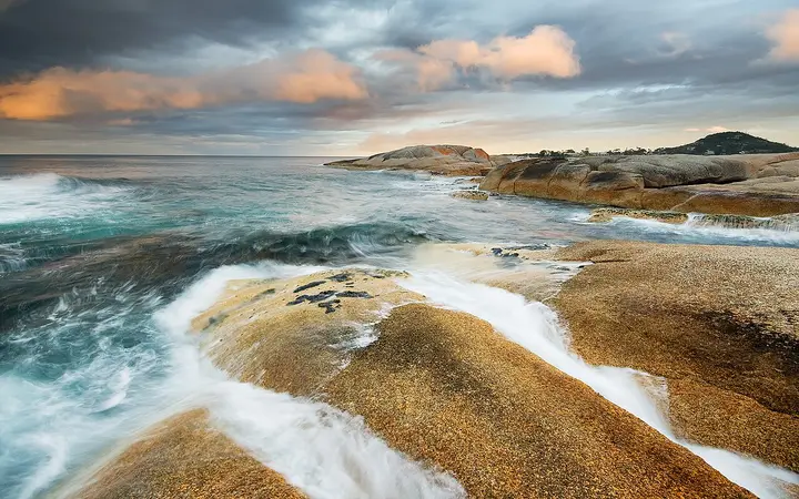 The rocky shore at Bicheno