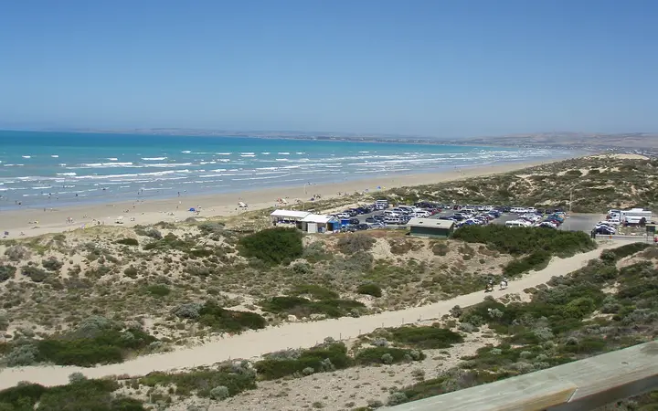 Goolwa Beach, where Kuti Shack sits by the main car park