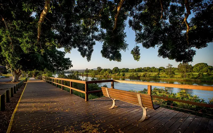The Hastings River boardwalk in Wauchope, the market's town