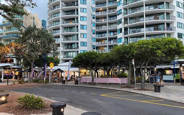 Mooloolaba Esplanade at dusk, a short walk from the club