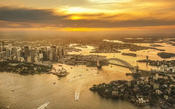 Sydney Harbour at sunset, photographed from a helicopter