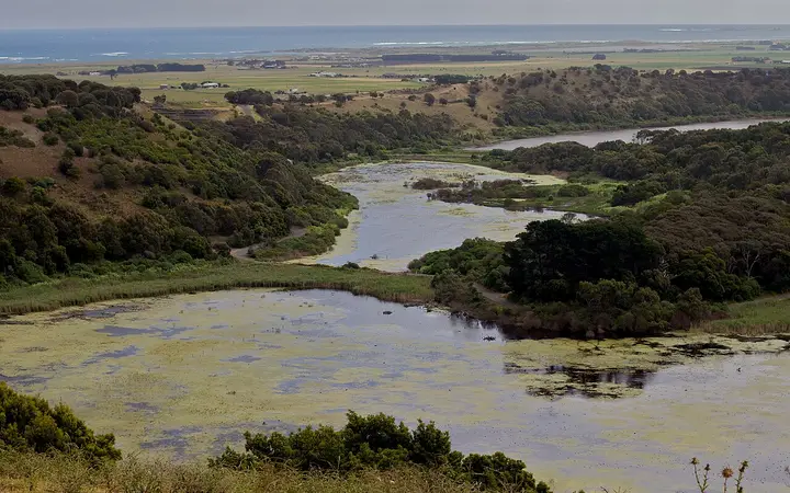 Tower Hill's crater lakes, with the sea beyond