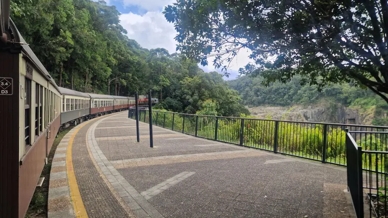 The curved platform at Barron Falls station, with the train on one side and the gorge behind the railing