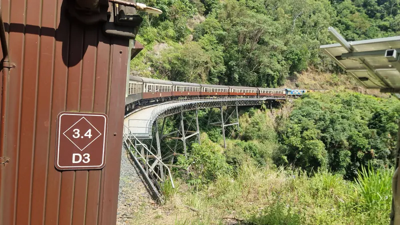 The Kuranda Scenic Railway's carriages curving across a steel bridge over rainforest