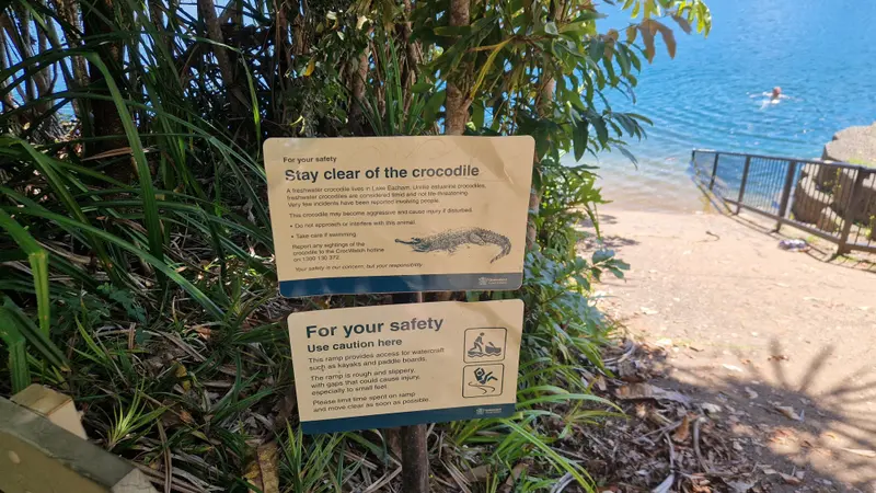 The 'Stay clear of the crocodile' sign above the boat ramp at Lake Eacham
