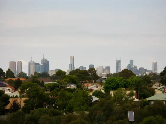 Melbourne skyline from a park in Brunswick East, Victoria, Late 2009.