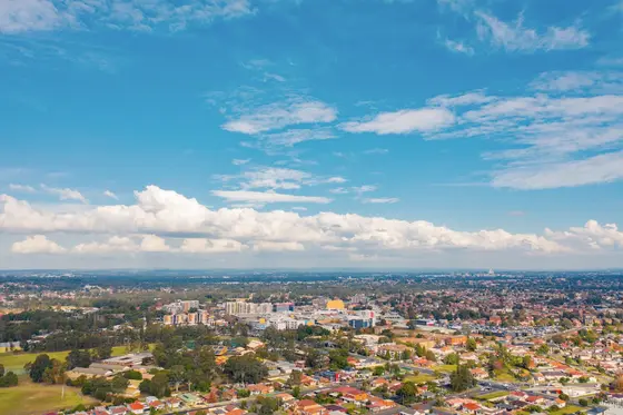 A bird's eye, southern view of the Fairfield town centre from Cawarra Place, near Prospect Creek.
