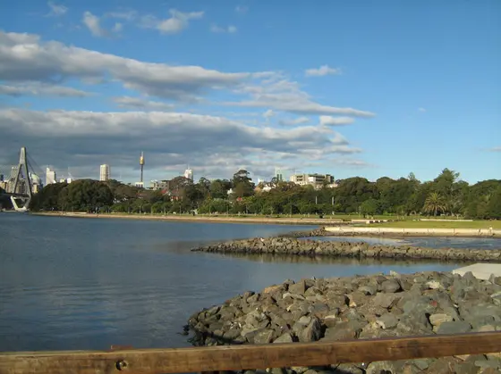 View of Bicentennial Park, Glebe, NSW, Australia. Glebe Point can be seen where the Fig trees are on the left of the photo.