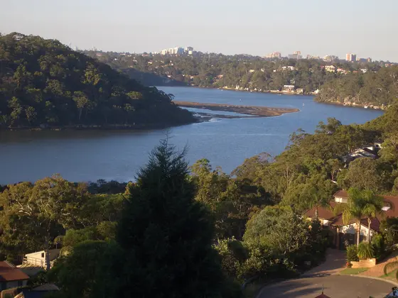 Illawong, view of Georges River from Illawong. Across the water, Oatley Park is on left and Jewfish Bay and Oatley are in the centre. A shoal that was once used