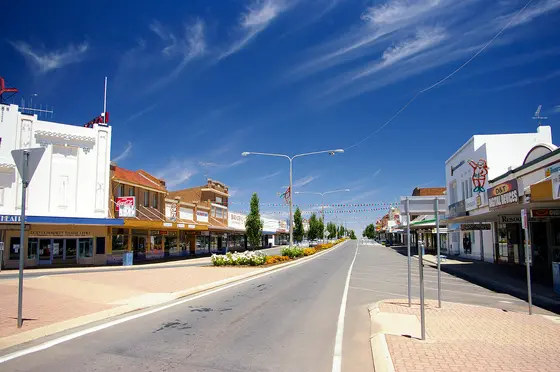 Pine Avenue is part of Leeton's main street and also forms part of Irrigation Way (Main Road 80).