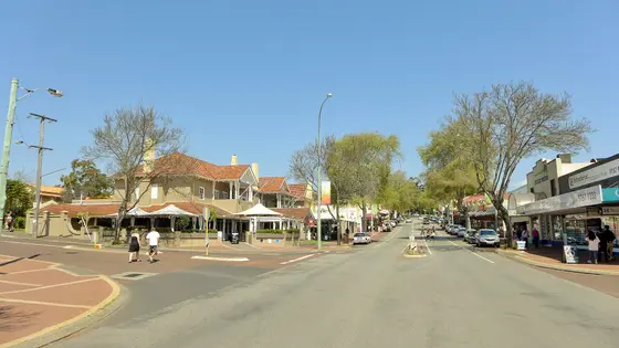 View of Bussell Highway in Margaret River, Western Australia. At left is the Margaret River Hotel.