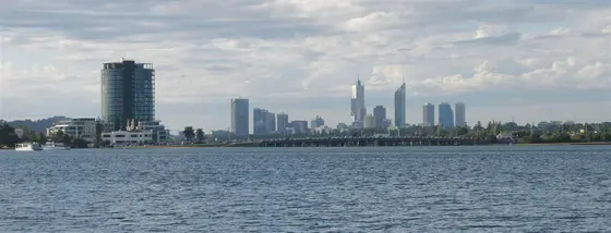 Canning Bridge with Perth CBD in background.