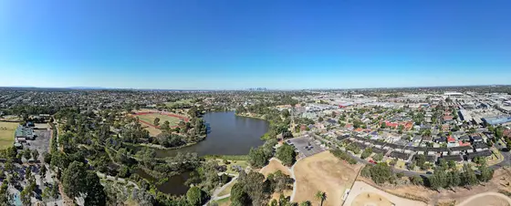 Edwardes Lake panorama facing the Melbourne skyline. March 2024.