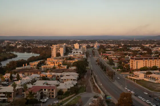 A view of Great Eastern Hwy passing through Rivervale from the hotel Aloft. Swan River on the left side of the image