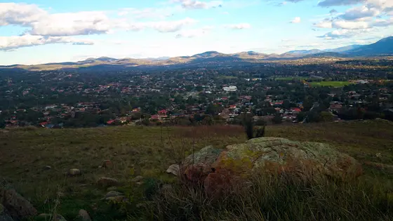Looking south from Mt Taylor to Wanniassa overlooking Wanniassa Shops (center) and the district playing fields.