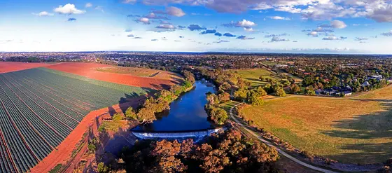 Aerial panorama of Werribee River Spring 2017 near the Riverbed Historic Park - where pasture meets suburban sprawl
